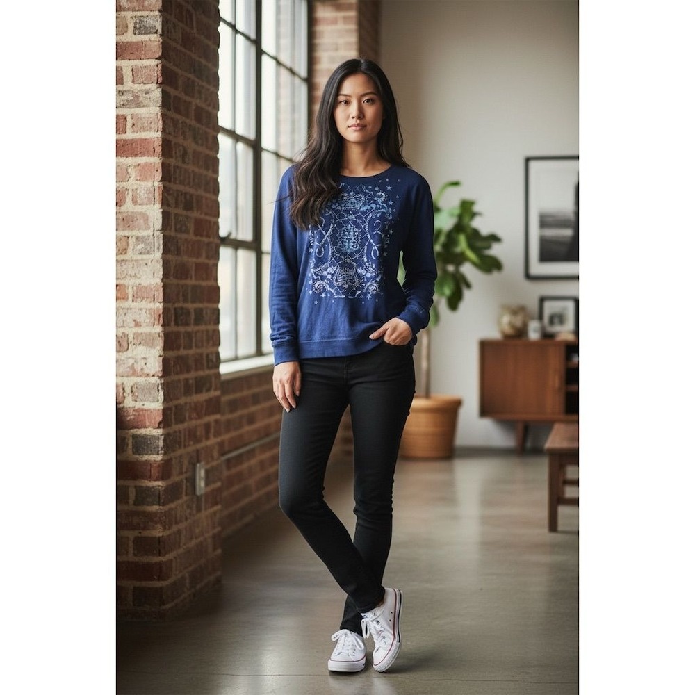Rock & Republic Womens M Blue L/S Terri cloth Sweater‎ Crown Star Studded Design